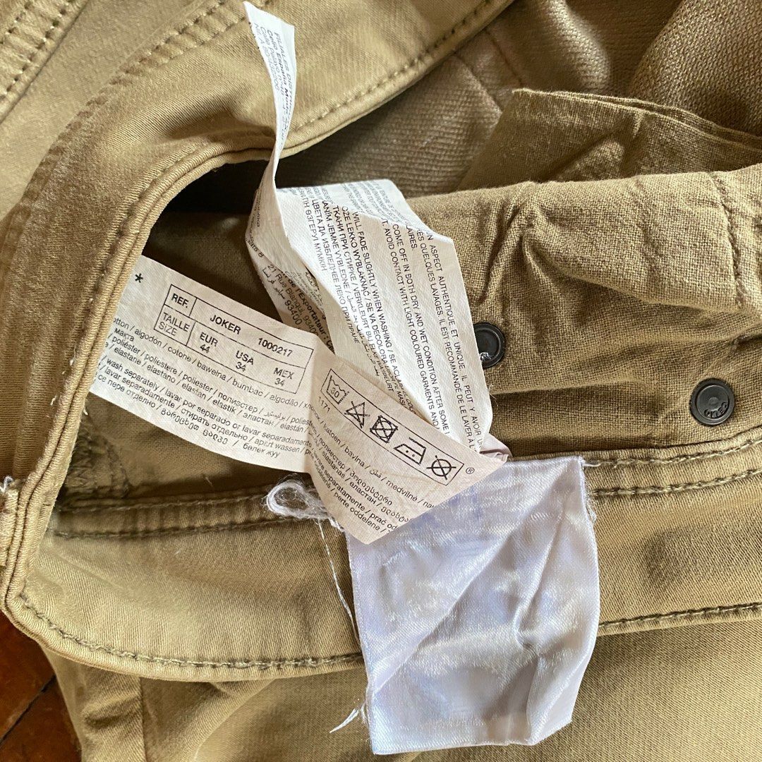Celio biker pants (Category: Jeans) located in Naga. Submitted by decluttertingz_ (Listing ID 1345645220, Image 3). Description: Celio biker pants (khaki) Size 34 9/10 Actual measurements: Waist: 17.5” Thigh: 12” Knee: 9” Hem: 7.5” Length: 44”.