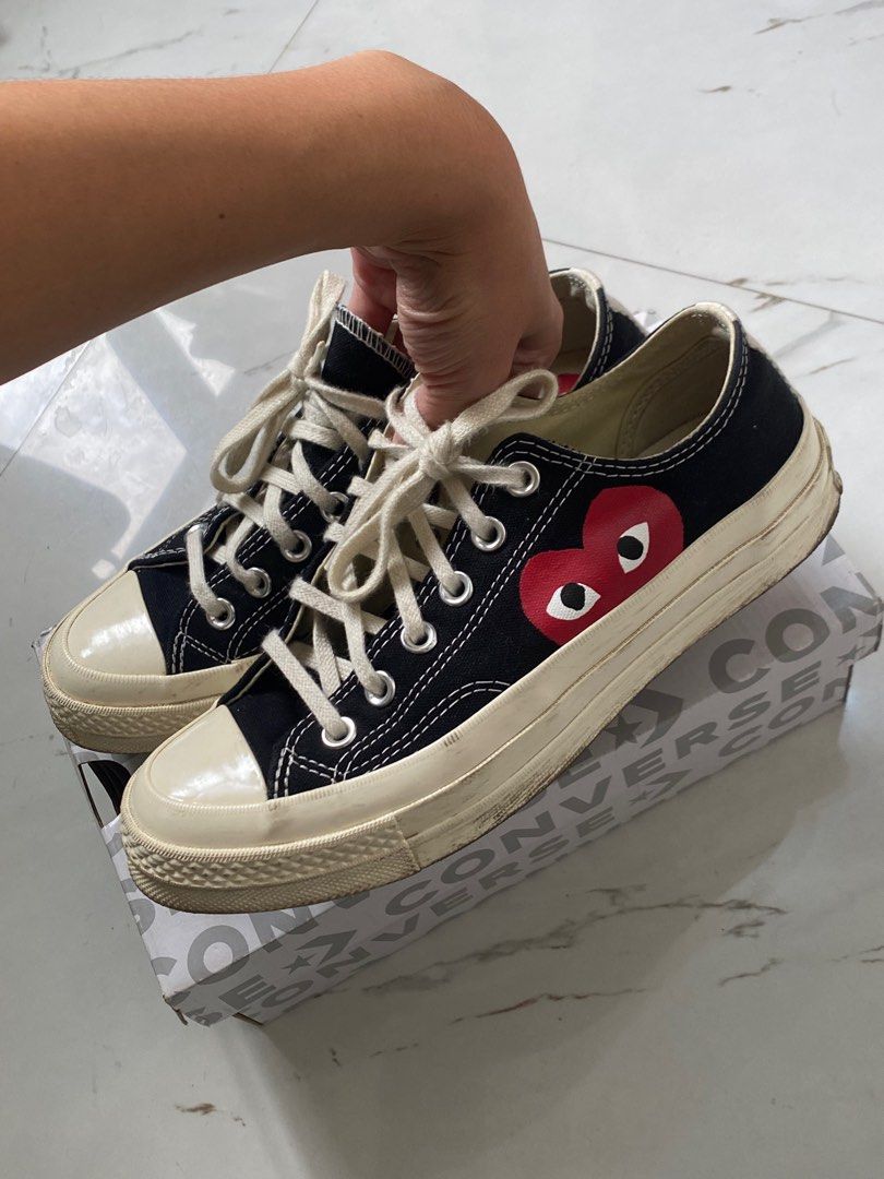 Converse x CDG Play Chuck Taylor Low-Top Black (Category: Sneakers) located in Argao. Submitted by jowceeee (Listing ID 1345590796, Image 1). Description: -authentic and bought at Comme Des Garcons Rockwell - worn less than 10 times as you can see from the sole - just needs cleaning - last price posted.