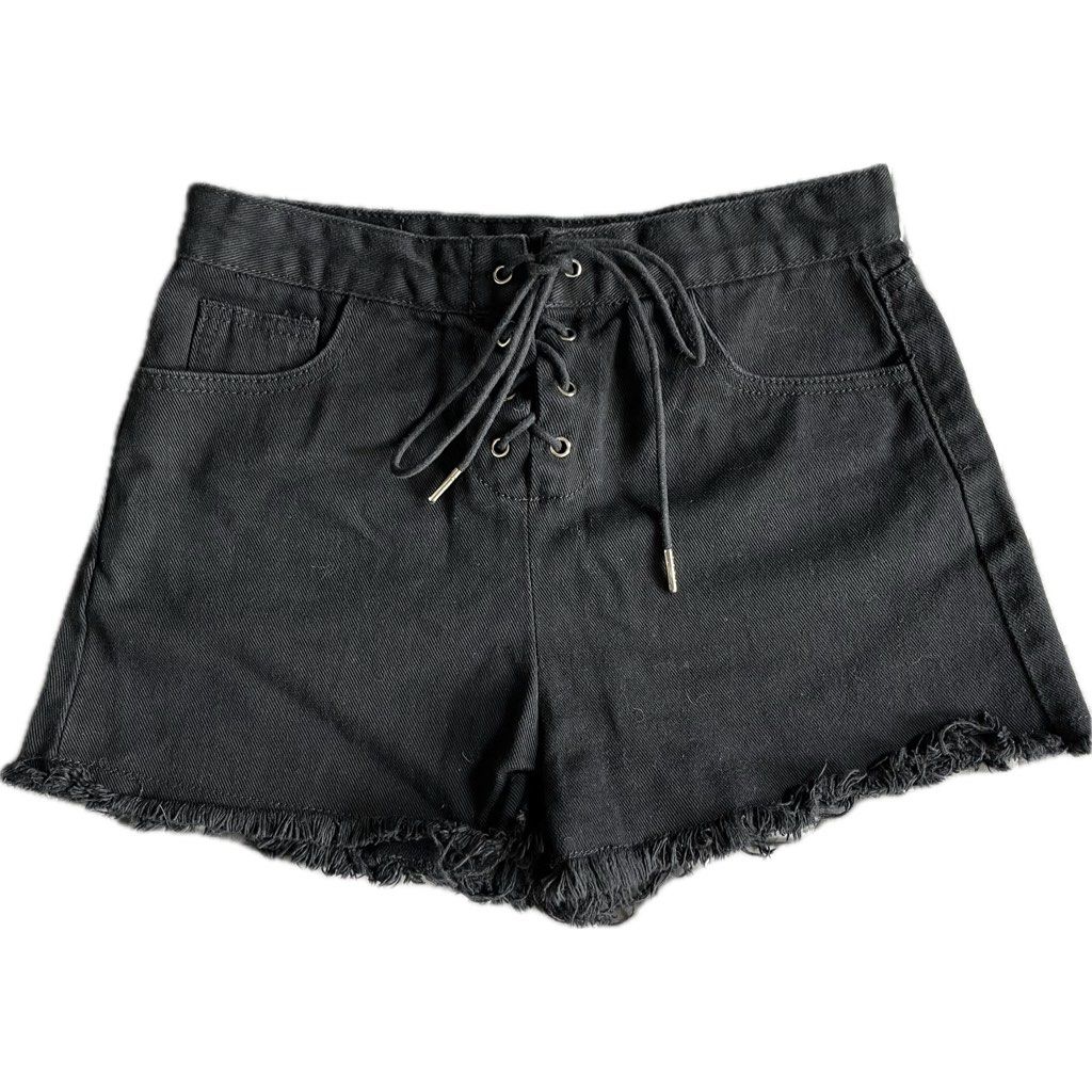 Corset Type Black Denim Tattered Shorts (Category: Shorts) located in Quezon City. Submitted by decluttering_era (Listing ID 1345548673, Image 1). Description: Waist: 28-29” Length: 12”.