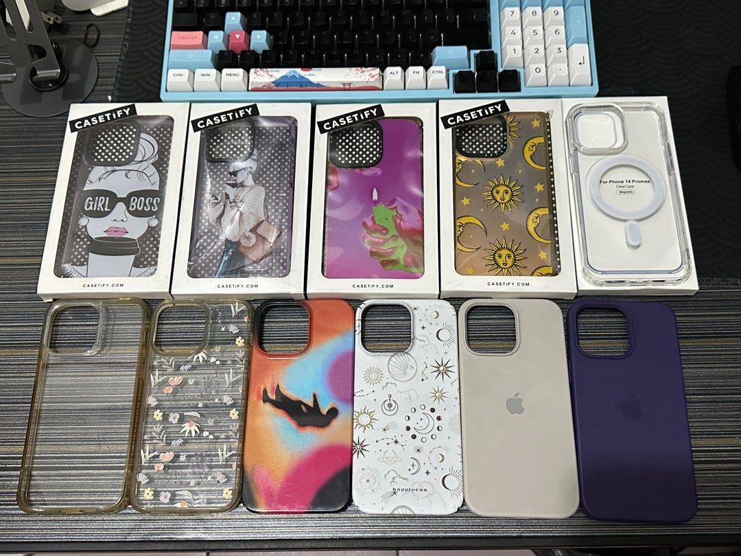 iPhone 14 Pro Max Case (Category: Cases & Sleeves) located in Manila. Submitted by mallowwzx (Listing ID 1345633355, Image 1). Description: iPhone 14 Pro max Case Take all ( 10 cases ) 4 - Casetify Case 1 - Clear Magsafe Case - sold 2 - Liquid Silicone Case ( Violet / Gray ) 1 - Ringke Case ( flower ) 2 - ceramic case ( falling, moon star ) 1 - Clear JTLEGEND Case - sign of usage / some are barely used Valenzuela Location.