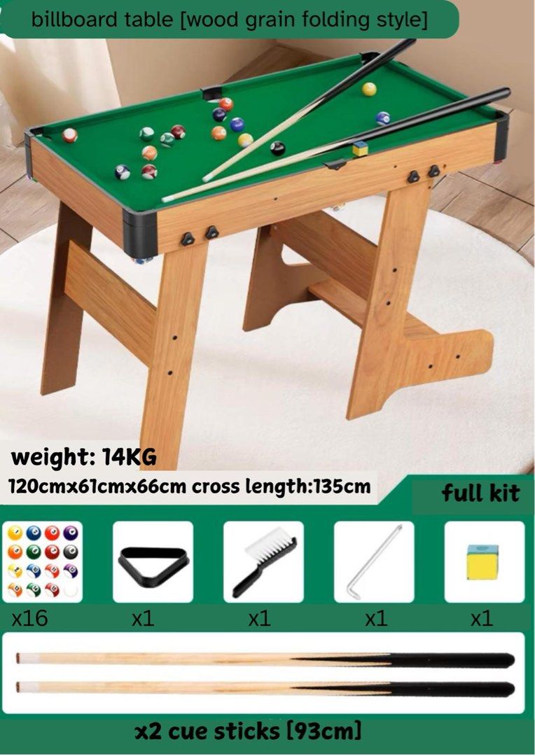 Billboard Folding Pool Table/ Billiard Table/ Mini Pool Table/ Cue/ (135cm Cross Length, Full Kit) (Category: Billiards & Bowling) located in Singapore. Submitted by midget8 (Listing ID 1345686232, Image 2). Description: Brand new Folding Table **Can arrange for delivery** Weight: 14kg Dimensions: 120cm x 61cm x 66cm (135cm cross length) Comes with: x2 Cue Sticks x16 Cue Balls x1 Cue Triangle x1 Cleaning Brush x1 Allen key x1 Chalk.