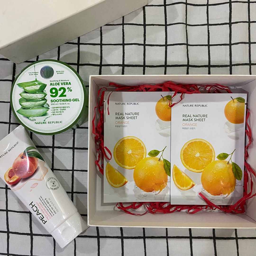 Nature Republic Gift Set (Category: Face Care) located in Antipolo. Submitted by de.klutter (Listing ID 1345639111, Image 2). Description: Nature Republic Korean Skincare Gift Set Includes the ff.: - 300ml Aloe Vera Soothing Gel - 170ml Fresh Herb Peach Cleansing Foam - 2 pcs. Orange Real Nature Mask Sheet face masks CONDITION: Brand new, all products inside never opened.
