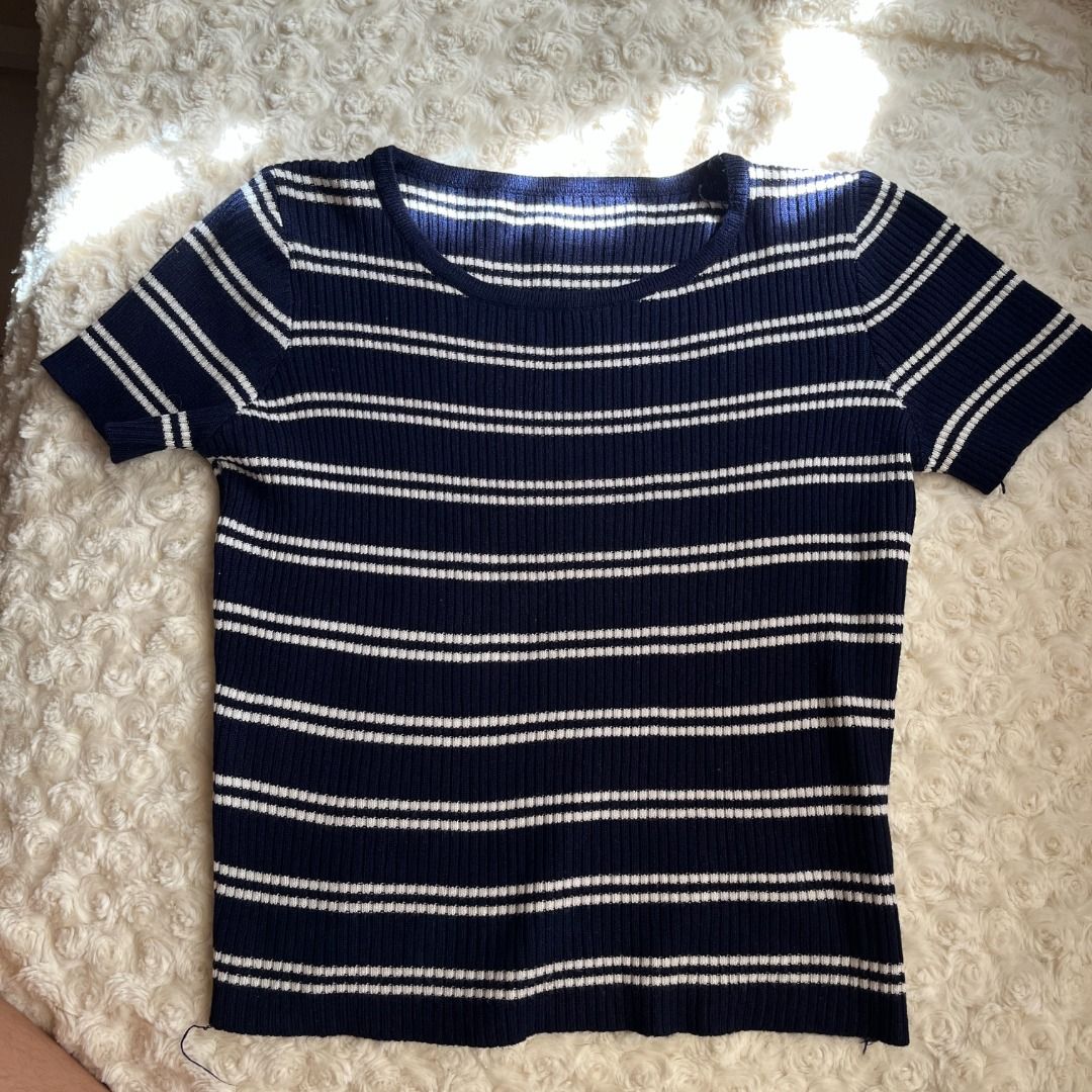 Navy Blue Stripes Knitted Top (Category: Blouses) located in Muntinlupa City. Submitted by _2nds (Listing ID 1345577923, Image 1). Description: - used once - stretchable - navy blue color - free size - RFS: decluttering - Shipping c/o of the Buyer - Location: Alabang and Binan Laguna - Last Price Posted; No lowballers.
