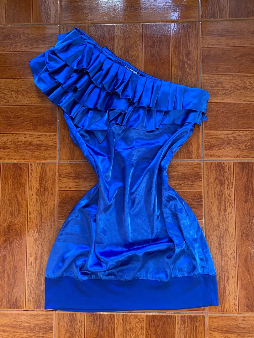 One Shoulder Rouch Dress Blue