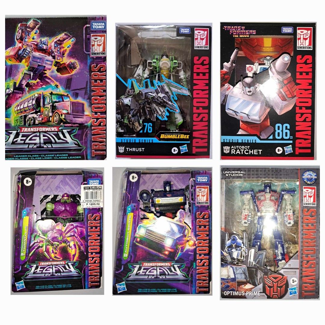 Transformers (Assorted) Deluxe Class (Check the product description for the updated item count.) (Category: Action & Battle Toys) located in Pasig City. Submitted by bechay2 (Listing ID 1345683391, Image 1). Description: Transformers (Assorted) Size: Deluxe class - Universal Studios Optimus Prime 1,600 - Legacy Predacon Tarantulas 1,400 - Legacy Skids 1,500 Size: Voyager class - Thrust SS76 2,200 - Ratchet SS86 2,200 - Sold -Megatron 2,000 -Night