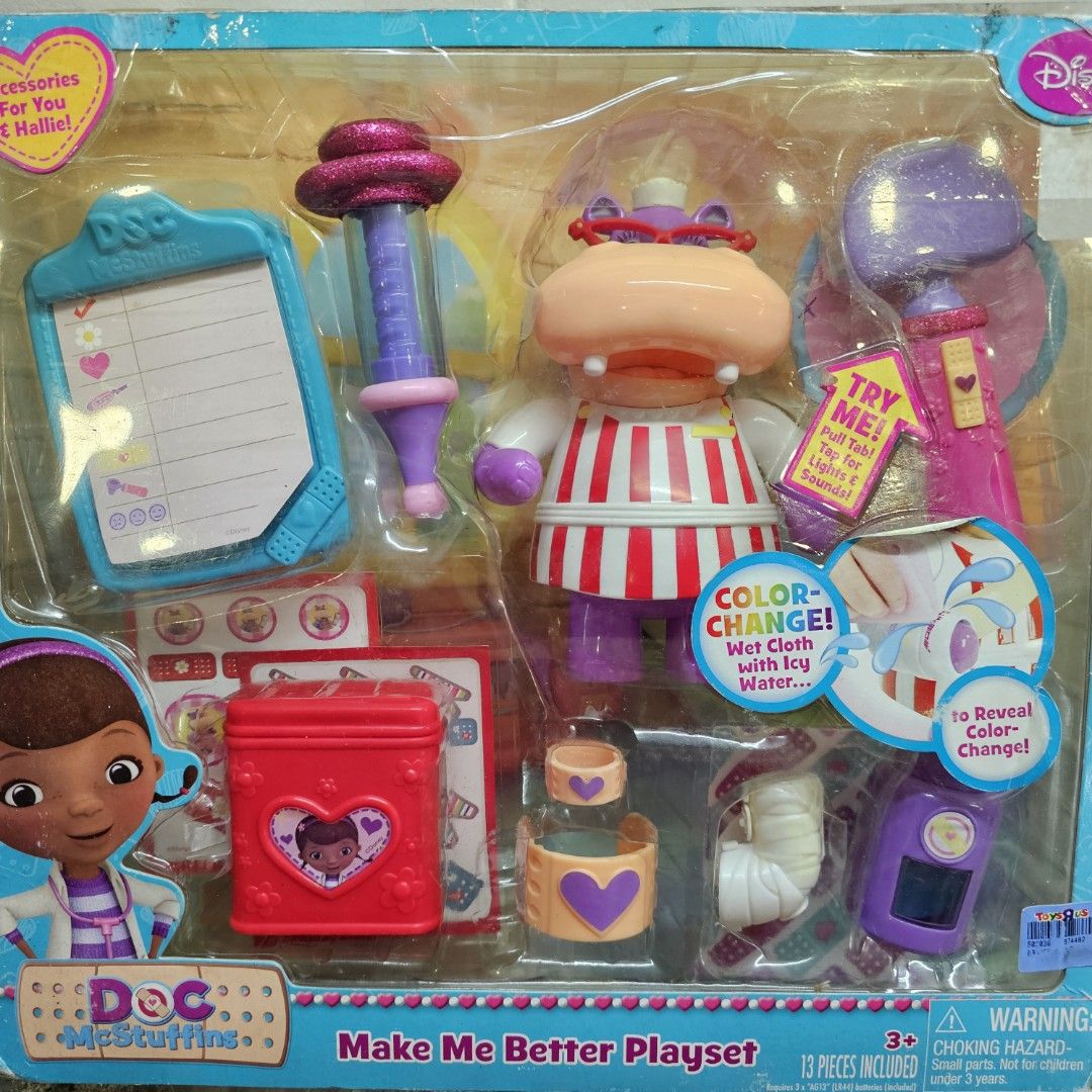 Authentic Disney DOC McSTUFFINS HALLIE Make Me Better Playset (Category: Kids Toys) located in Quezon City. Submitted by charliebrown_olx (Listing ID 1345851734, Image 3). Description: Set includes an articulated figure, as well an interactive tool w/ lights & sounds. When their patient get a big boo-boo, kids can take the ouches away w/ a removable color-change cast, which has special designs only revealed by using cold water! Classification: Ne