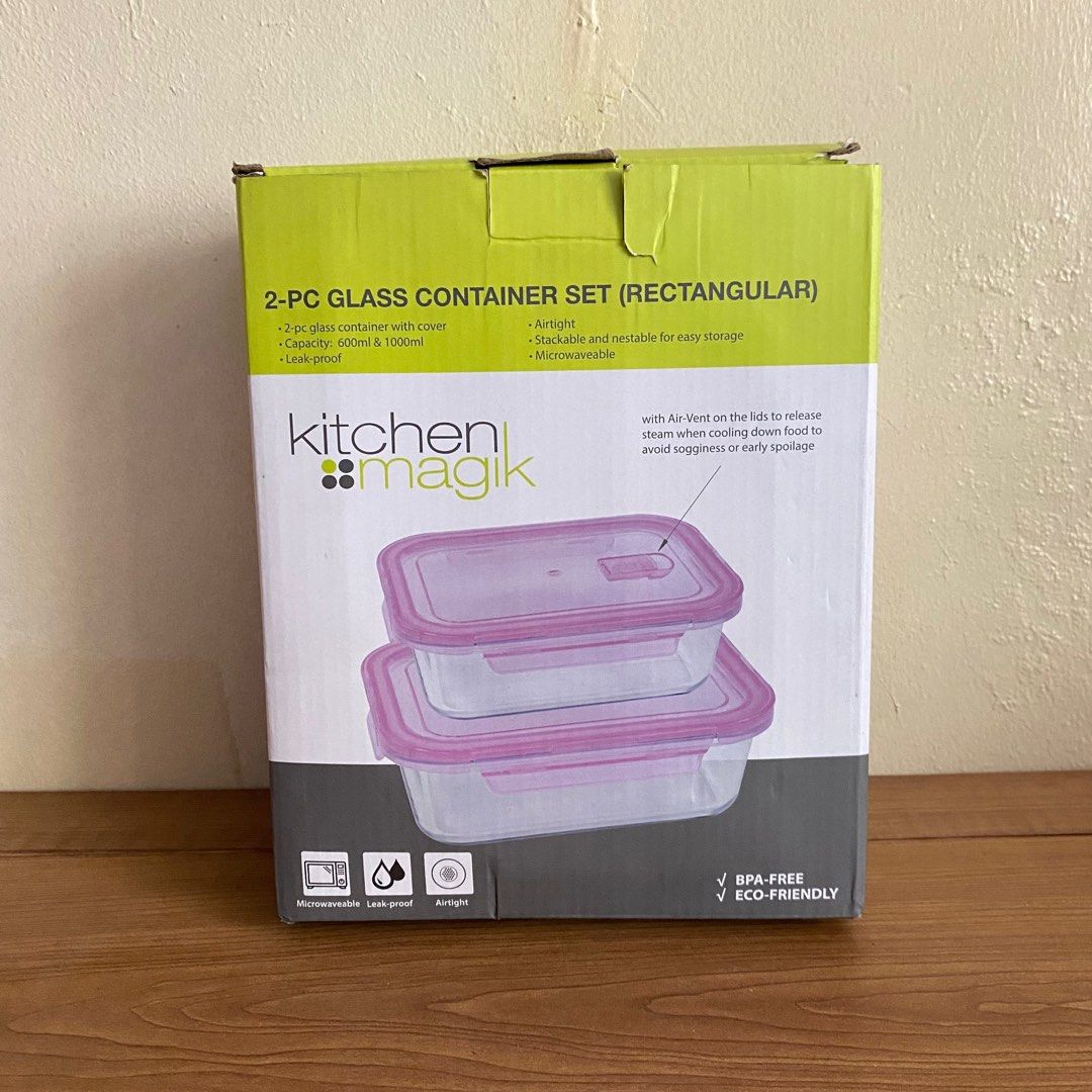 KITCHEN MAGIK 2-PC GLASS CONTAINER SET (RECTANGULAR PINK) (Category: Food Organization & Storage) located in Quezon City. Submitted by xtian.store (Listing ID 1345901179, Image 2). Description: 2-PC GLASS CONTAINER SET (RECTANGULAR) BRAND NEW AND ORIGINAL • 2-pc glass container with cover • Airtight • Capacity: 600ml & 1000ml • Stackable and nestable for easy storage • Leak-proof • Microwaveable with Air-Vent on the lids to release steam when coo
