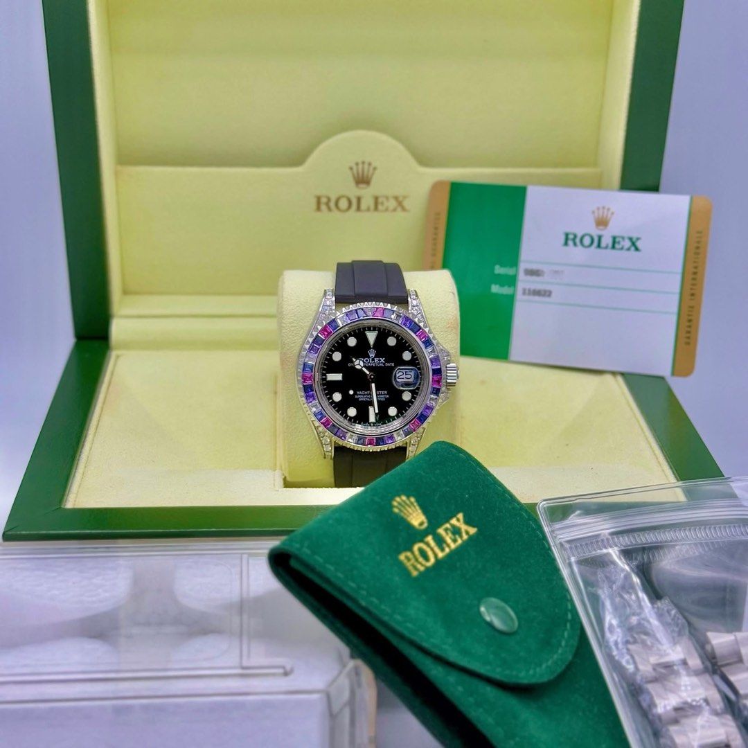 Rolex Yatch Master (Category: Luxury Watches) located in Las Pinas. Submitted by calmphoenix.234114 (Listing ID 1345914666, Image 1). Description: ROLEX Yacht-Master 40mm Year ‘19 (JULY 18th - AUSTRALIAN AD) Reference 116622 Customized to 126679SABR “Cotton Candy” Pink Sapphire, Light-Blue Sapphire, Diamond, Purple Sapphire, and Dark-Blue Sapphire Bi-Directionable Rotatable Bezel Caliber 3135 Condition 9.8/10 Inclusions: Factory Stainless Steel O