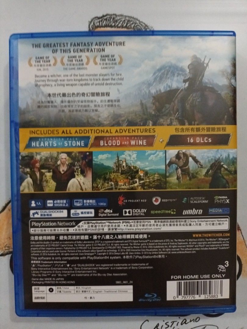 The Witcher 3 Wild Hunt GOTY Game of the Year Edition (Category: PlayStation) located in Singapore. Submitted by hosei18 (Listing ID 1345908534, Image 2). Description: R3 PS4 version. Used but condition is like new. No scratches on disc. Comes with all DLC. Meet up and deal at Bedok mall or Bedok bus interchange. If driving can also deal under my block. Price fixed..
