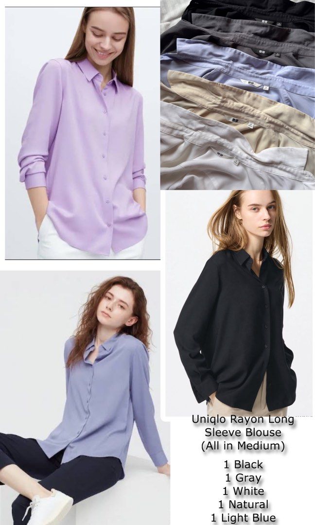 Uniqlo Rayon Long Sleeve Blouse (Medium) (Category: Blouses) located in Makati City. Submitted by emv25 (Listing ID 1345742331, Image 1). Description: Uniqlo Rayon Long Sleeve Blouse (All in Medium) 1 Black 1 Gray 1 White - SOLD 1 Natural - SOLD 1 Light Blue - SOLD Used but not abused Selling per piece RFS: Decluttering .