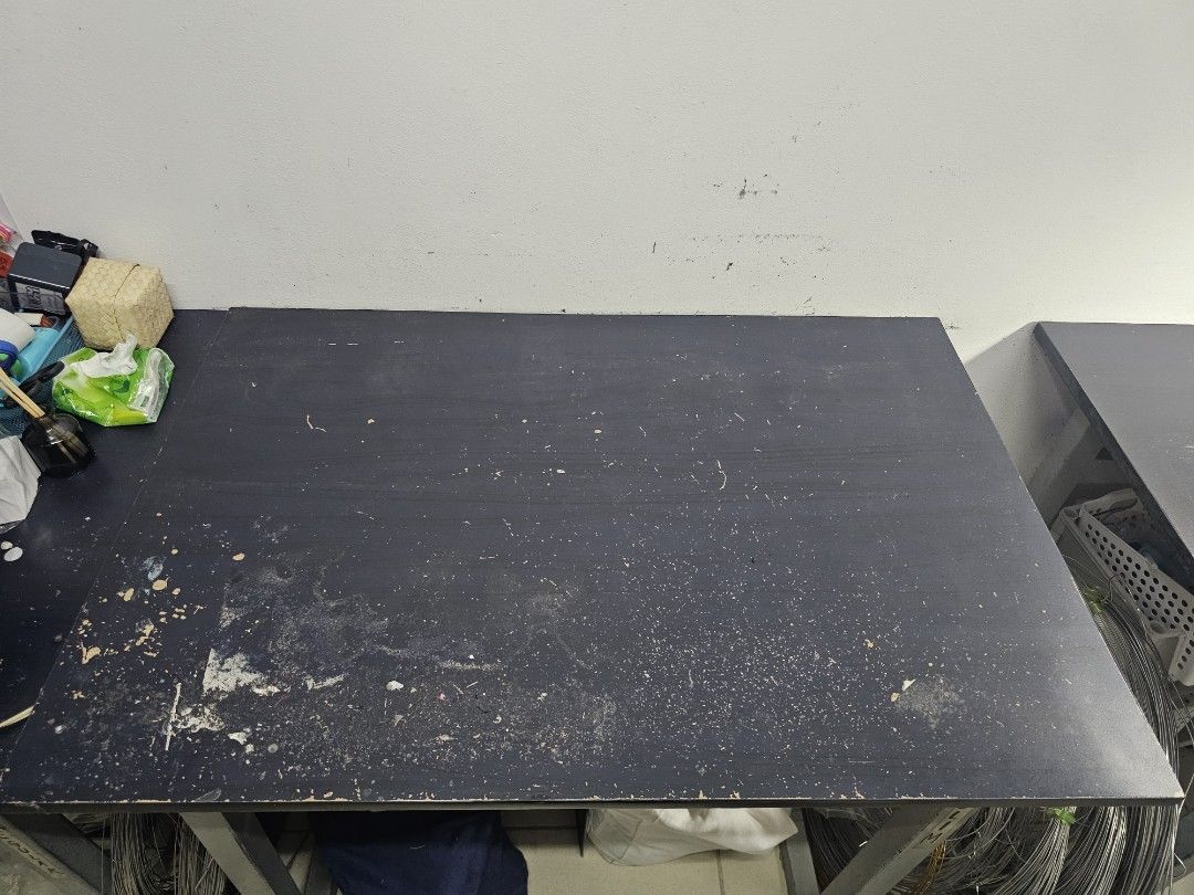 Work table (Category: Office Furniture & Fixtures) located in Quezon City. Submitted by shop.derivative (Listing ID 1345874062, Image 1). Description: Office/Workshop table 4 pcs available P3,000.00 take all Solid wood top with tubular metal base well-used can be sanded/repainted by buyer May be viewed by appointment.