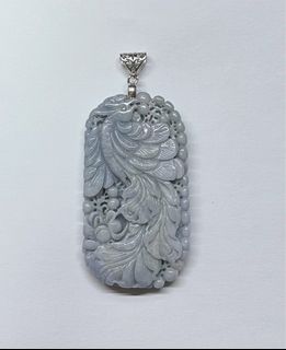 Natural Jade Pendant, Blue-Purple Base with Phoenix and Ruyi (Silver Clasp)64228049363201110