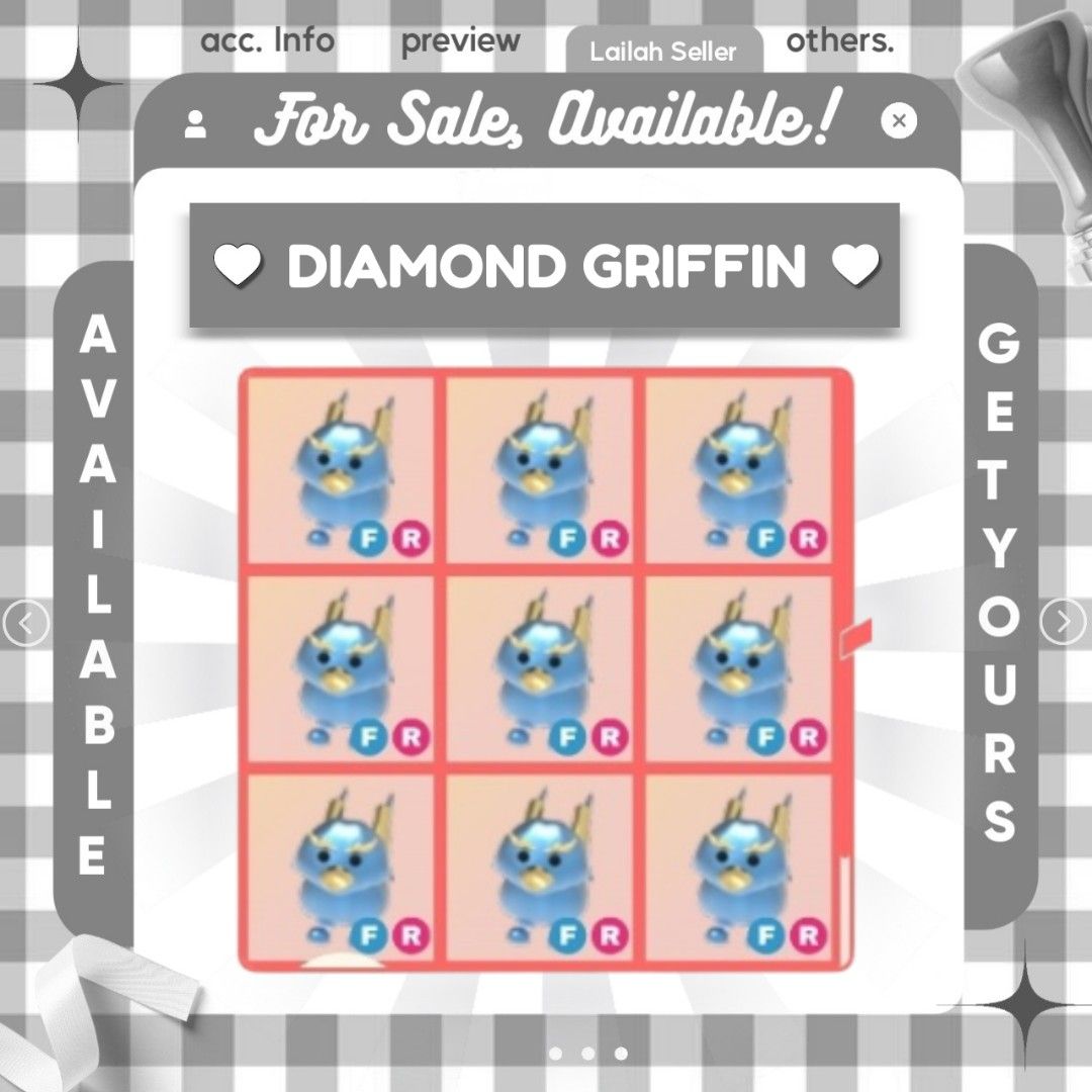 ADOPT ME |FR DIAMOND GRIFFIN|BUNDLE PETS| ROBLOX| READ DESCRIPTION (Category: In-Game Products) located in Baliuag. Submitted by sxmplycollections (Listing ID 1346080116, Image 1). Description: Hola! Are you looking for a specific pet? 🌷 Welcome to SxmplyCollections Shop! How to Buy: 1. DM and send a picture of the pet you want. 2. Once we have a deal, I'll send you the details for payment. 3. Send the receipt of your payment along with your Rob