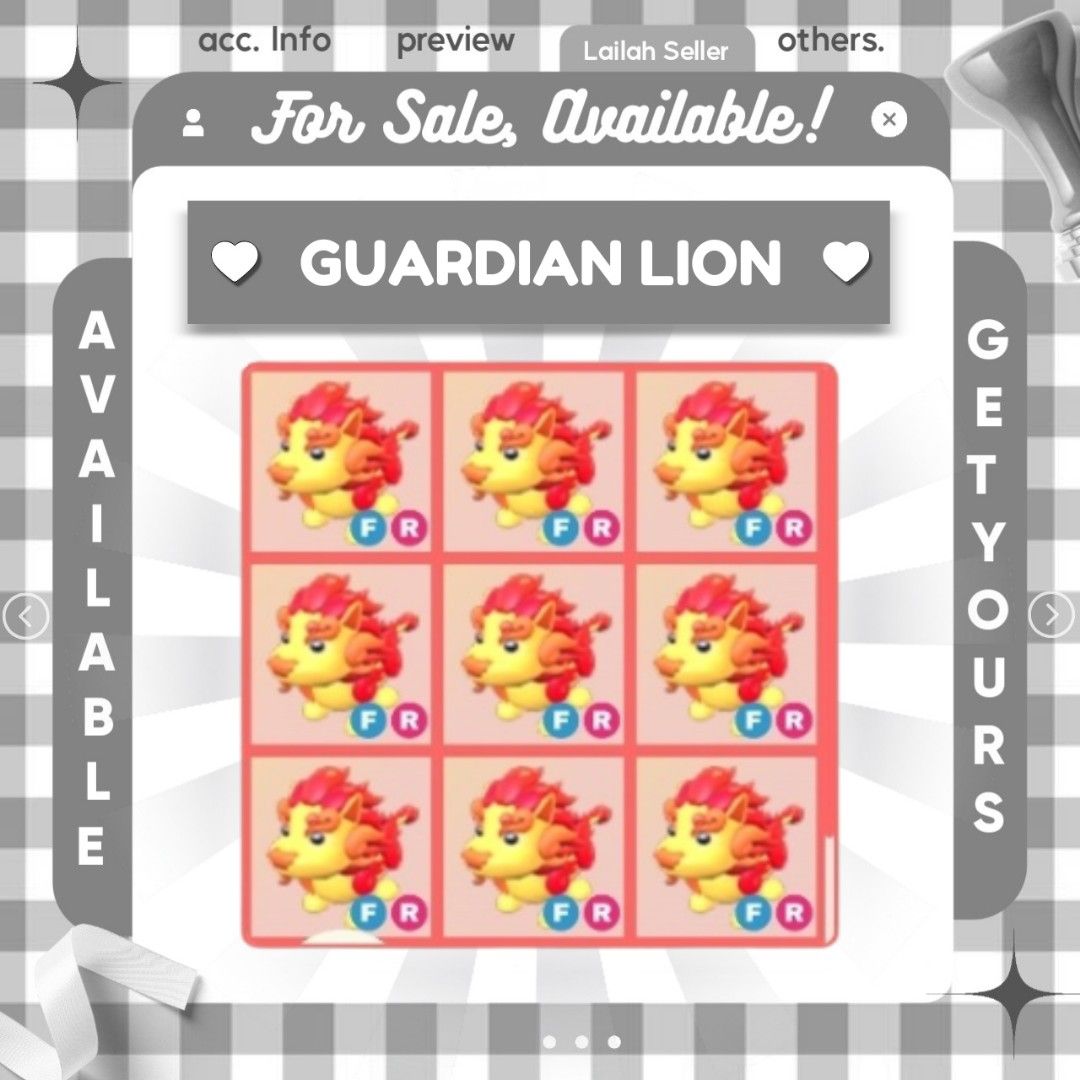 ADOPT ME |FR GUARDIAN LION|BUNDLE PETS| ROBLOX| READ DESCRIPTION (Category: In-Game Products) located in Baliuag. Submitted by sxmplycollections (Listing ID 1346080865, Image 1). Description: Hola! Are you looking for a specific pet? 🌷 Welcome to SxmplyCollections Shop! How to Buy: 1. DM and send a picture of the pet you want. 2. Once we have a deal, I'll send you the details for payment. 3. Send the receipt of your payment along with your Roblo