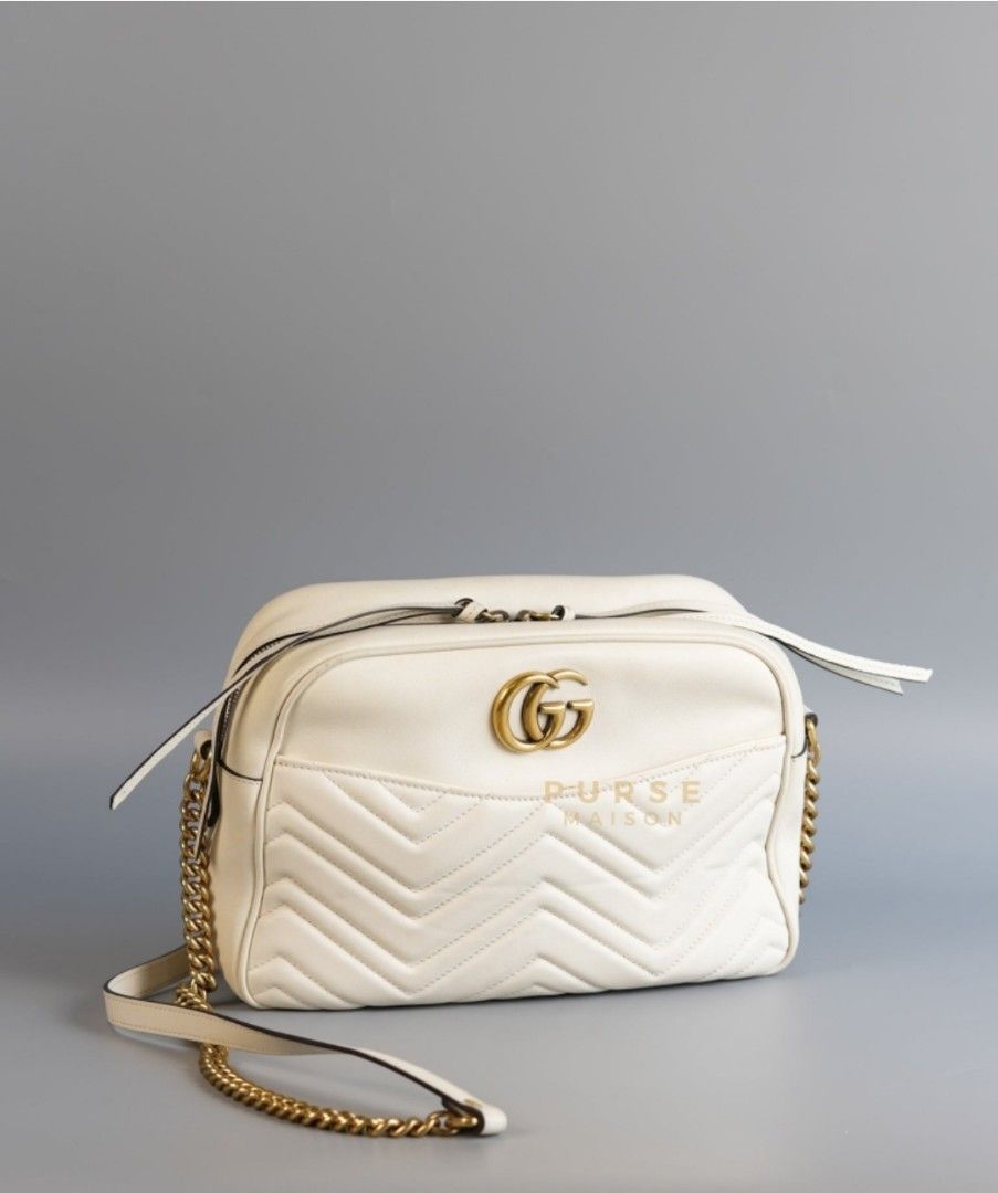 Gucci GG Marmont Off White Matelasse Camera Medium Bag (Category: Luxury Bags & Wallets) located in Taguig. Submitted by pursemaison (Listing ID 1346028477, Image 2). Description: Gucci GG Marmont Off White Matelasse Camera Medium Bag ✨Php 38,000 *Additional 4% for straight credit card payments *Available for 3 months layaway with 1% interest per month *BDO credit card up to 36 mos & Citibank credit card up to 24 mos (with interest) CONDITION: Fa