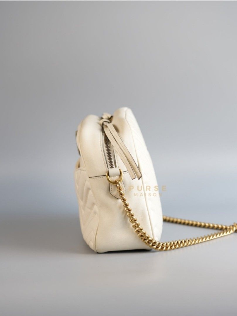 Gucci GG Marmont Off White Matelasse Camera Medium Bag (Category: Luxury Bags & Wallets) located in Taguig. Submitted by pursemaison (Listing ID 1346028477, Image 3). Description: Gucci GG Marmont Off White Matelasse Camera Medium Bag ✨Php 38,000 *Additional 4% for straight credit card payments *Available for 3 months layaway with 1% interest per month *BDO credit card up to 36 mos & Citibank credit card up to 24 mos (with interest) CONDITION: Fa