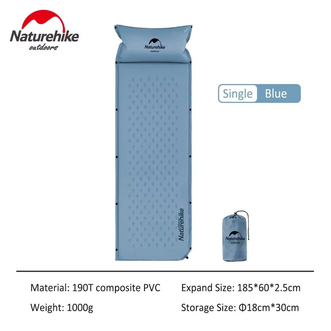 Naturehike Sleeping Pad with Pillow (Category: Hiking & Camping) located in Manila. Submitted by agustinnepomuceno (Listing ID 1346034226, Image 3). Description: Naturehike Self-Inflating Sleeping Pad with Pillow - Brand New Color: Graphite Blue Price: 1,395 PHP Condition: Brand New – Ultralight memory foam for comfort – Built-in pillow for added convenience – Fast inflation, no pump required – Compact and includes a storage bag – Perfect for out