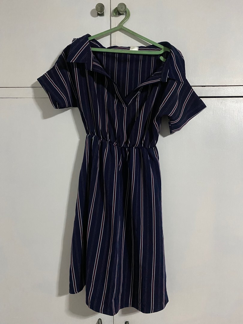 Navy Blue Printed Collar Neck Dress