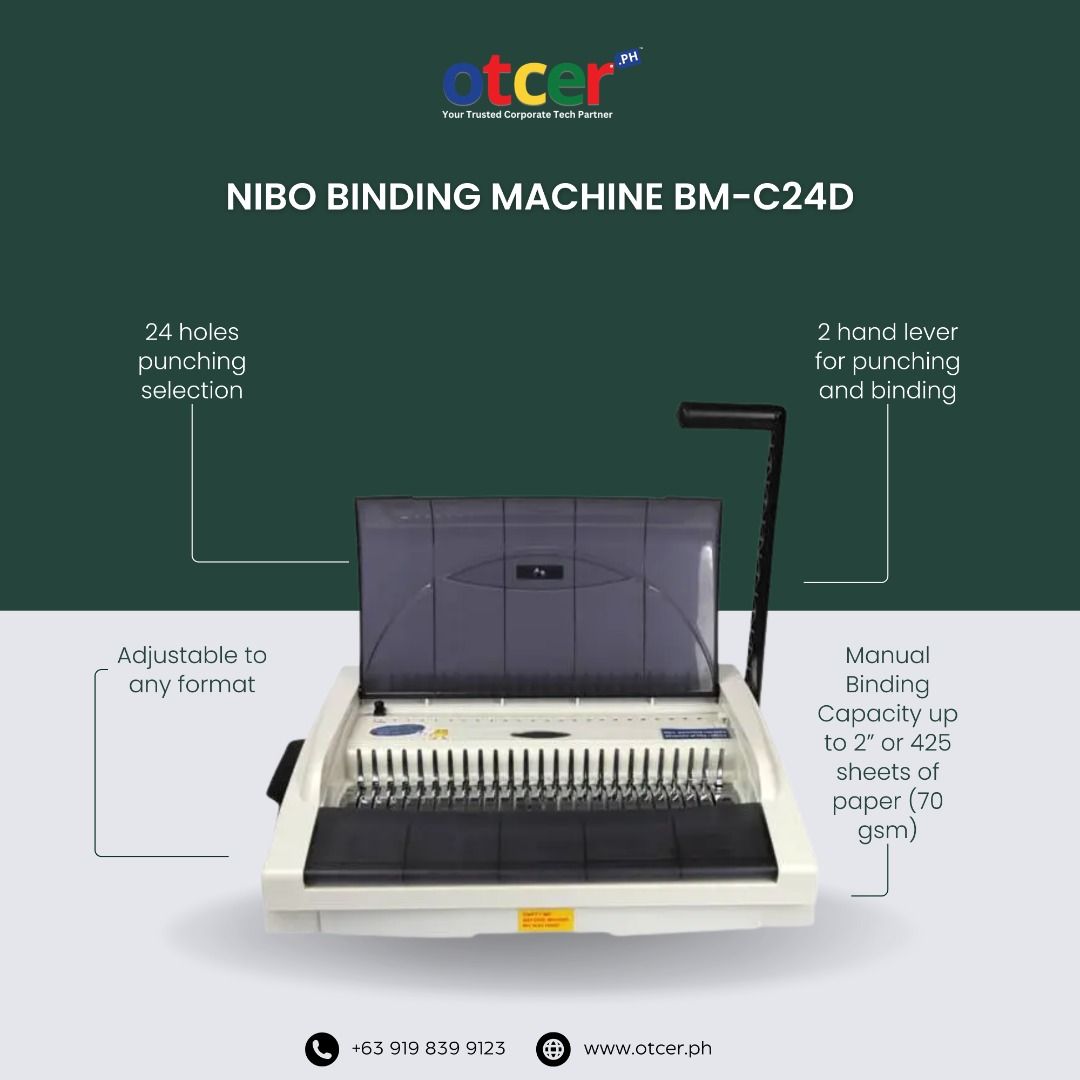 Nibo Binding Machine BM-C24D 24 Holes Heavy Duty (Category: Office & Business Technology) located in Pasig City. Submitted by otcer.philippines (Listing ID 1346021331, Image 1). Description: When heavy-duty binding is a must, the Nibo BM-C24D delivers. With its 24-hole punching system, dual lever design, and adjustable margin guide, this machine ensures smooth operation and precise results every time. Binding up to 425 sheets? No problem! Price: 