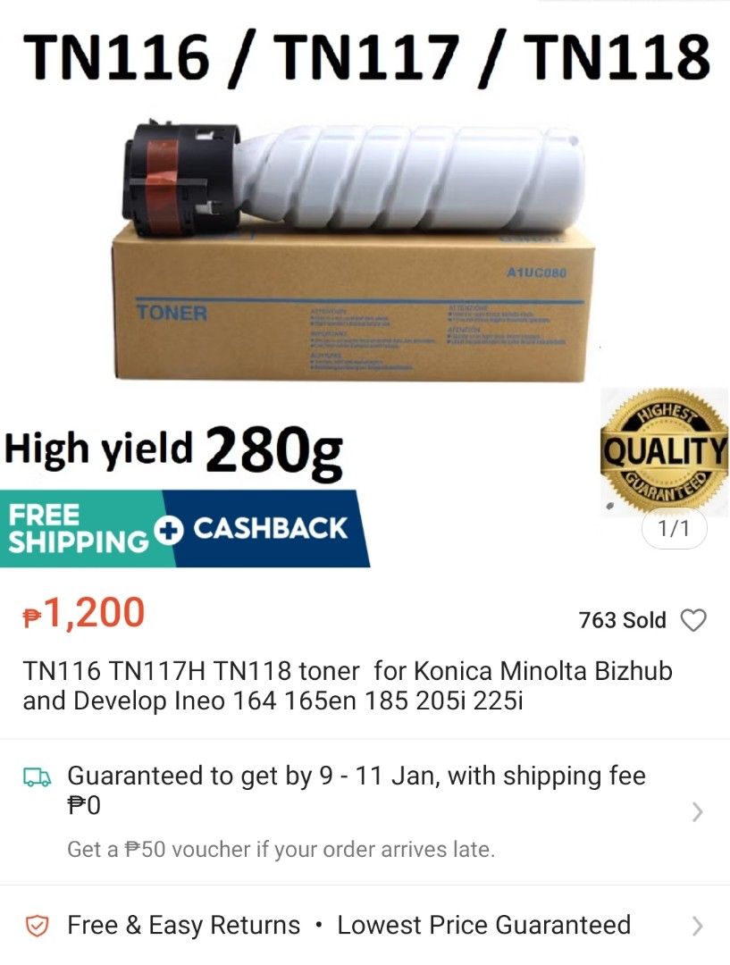 TN116 Toner A1UC080 (Category: Printers, Scanners & Copiers) located in Paranaque City. Submitted by cartbyclark (Listing ID 1346028322, Image 2). Description: TN116 for Konica Minolta Bizhub and Develop Ineo 164 , 165en, 185, 205i, and 225i Sealed 2 toner/1box 12,000 - 15,000 estimated page yield PM lang. Negotiable..