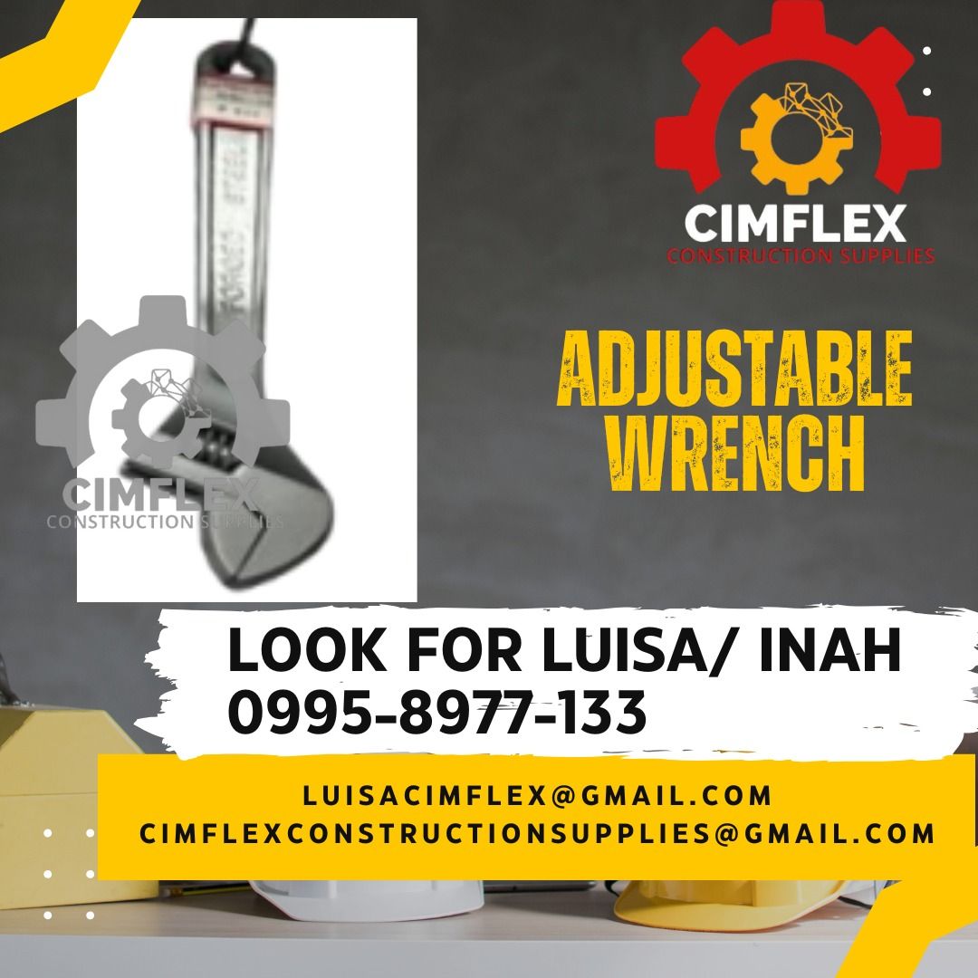 ADJUSTABLE WRENCH (Category: Construction Tools & Equipment) located in Caloocan City. Submitted by luisacimfl72432 (Listing ID 1346161941, Image 1). Description: ADJUSTABLE WRENCH glbe- ( 0995-897-7133 ) cimflex construction supplies.