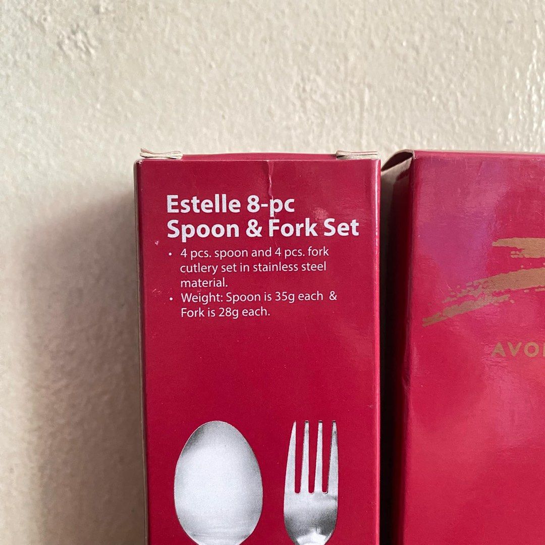 AVON ESTELLE 8-PC SPOON AND FORK SET (Category: Dinnerware & Cutlery) located in Quezon City. Submitted by xtian.store (Listing ID 1346212483, Image 3). Description: BRAND NEW AND ORIGINAL P350 each set Available: 2 sets • Estelle 8pc spoon and fork set comes with 4 pairs of spoon and fork made of stainless steel. • Actual photos are posted.