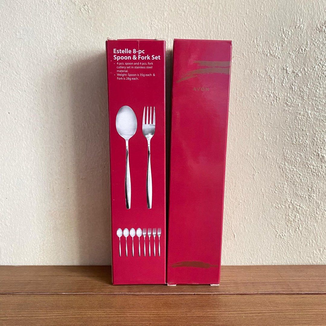 AVON ESTELLE 8-PC SPOON AND FORK SET (Category: Dinnerware & Cutlery) located in Quezon City. Submitted by xtian.store (Listing ID 1346212483, Image 2). Description: BRAND NEW AND ORIGINAL P350 each set Available: 2 sets • Estelle 8pc spoon and fork set comes with 4 pairs of spoon and fork made of stainless steel. • Actual photos are posted.