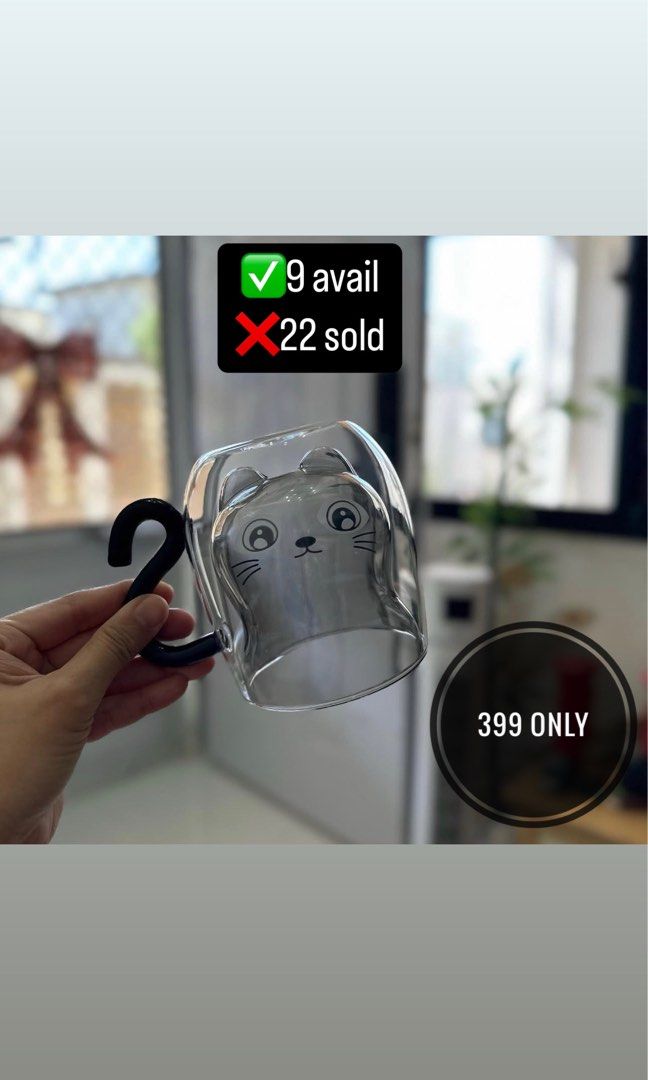 cat double wall glass (Category: Coffee & Tea Tableware) located in Cavite. Submitted by mylittlechicshop (Listing ID 1340296227, Image 1). Description: Super cute Cat Glass ‼️399 glass only ‼️429 with paper bag ✅9 pcs available ❌22 pcs sold This cat mug features an inverted cat design, lifelike, as if a cat is hiding in a cup drinking water. According to the beverage you drink, you will also get cats of different colors. With this cute mug, drin