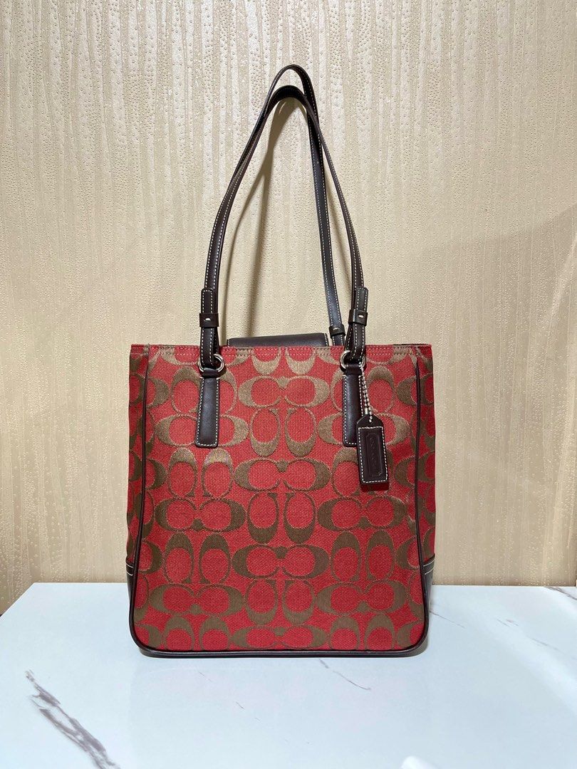 Coach Mini Tote Monogram In Red Brown (Category: Luxury Bags & Wallets) located in Cebu City. Submitted by viaa888 (Listing ID 1346233231, Image 2). Description: COACH RARE MINI TOTE BAG Rank A-SA Condition! ♡✨ canvas 9.5/10 strap 9.5/10 leather 9/10 interior 10/10 (clean) Super Pretty!!! 🥹𝜗𝜚 DM YOUR OFFERS!! 📩.