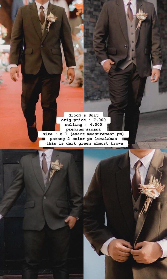FOR RENT Complete Suits Armani Suit Premium (Category: Sets & Coordinates) located in Quezon City. Submitted by jeh2024 (Listing ID 1346231491, Image 2). Description: selling/ rent my husband suit during our wedding, super nice in actual sa pocture parang nagging ibang color siya. 7000 original price tailored for my husband size. check photo for exact measurements.