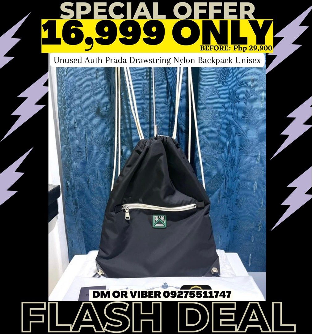 FLASH SALE New Authentic Prada Drawstring Nylon Backpack Mens Womens Bag (Category: Luxury Bags & Wallets) located in Pasig City. Submitted by bestluxurybuys (Listing ID 1346238070, Image 1). Description: FLASH SALE New Authentic Prada Drawstring Nylon Backpack Mens Womens Dm or Vber O92755II747.