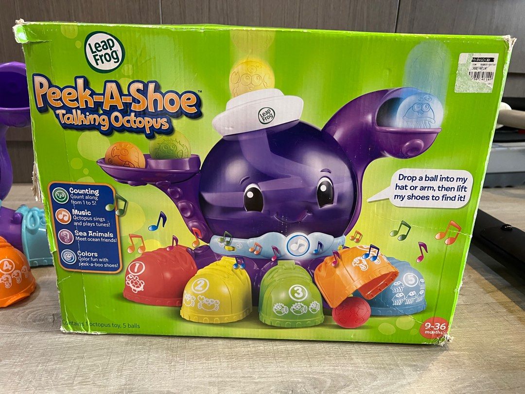 Leap Frog Peak- A - Shoe Talking Octopus (Sound Working) (Category: Interactive Toys) located in Quezon City. Submitted by elainebval02424 (Listing ID 1346151980, Image 3). Description: A colourful ball-drop game packed with peek-a-boo surprises! Drop a ball into the arm of the hat and then for the clues to discover where the balls are hiding. Two different modes help to introduce number and colour recognition skills. Add in the catchy music and 