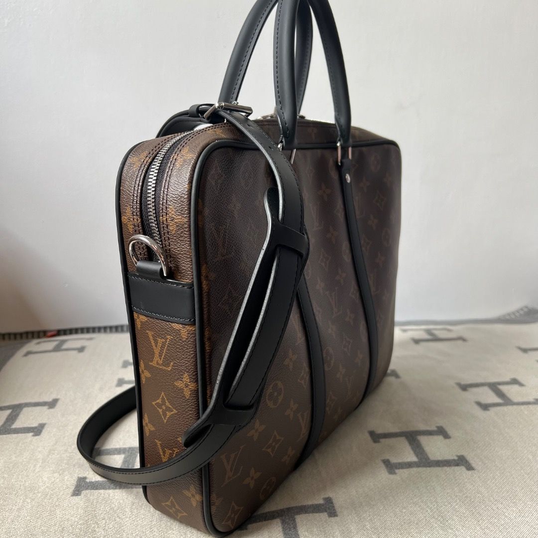 LV Porte Documents Voyage PM monogram Macassar laptop bag (Category: Luxury Bags & Wallets) located in Antipolo. Submitted by chanchimj (Listing ID 1338587103, Image 3). Description: Crafted from Monogram canvas & leather, the bag features a wide silver-tone zipper that opens up to reveal a canvas compartment perfectly sized to carry your documents. Held by two top handles, this piece artfully exudes style with contemporary elegance. Measurements