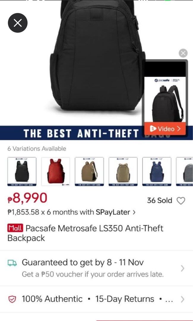 Pacsafe Metrosafe 350 Backpack Jetblack Lightly Used (Category: Backpacks) located in Makati City. Submitted by sulit.sales_888 (Listing ID 1346143245, Image 3). Description: Pacsafe Metrosafe 350 Backpack/Jet Black 2 Main Zip Compartments 2 foldable side pockets with lock Padded tablet/Laptop Compartment RFID Slot Lightly used 9/10 Color Rate Complete Tags & Logos 16x12 inches.