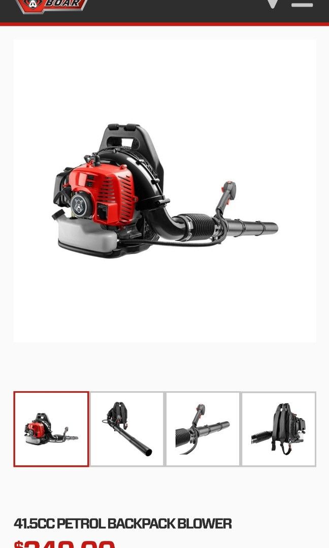 Petrol bagpack blower (Category: Construction Tools & Equipment) located in Malolos. Submitted by axe23 (Listing ID 1346285693, Image 2). Description: Features 325km/h Variable air speed 2-Stroke 50:1 mix Easy pull start Extension nozzles The Full Boar Petrol Backpack Blower is ideal for clearing fallen leaves, grass clippings, hedge cuttings and other heavy garden debris. To achieve this, the 41.5cc 2-stroke petrol engine produces an impressive 