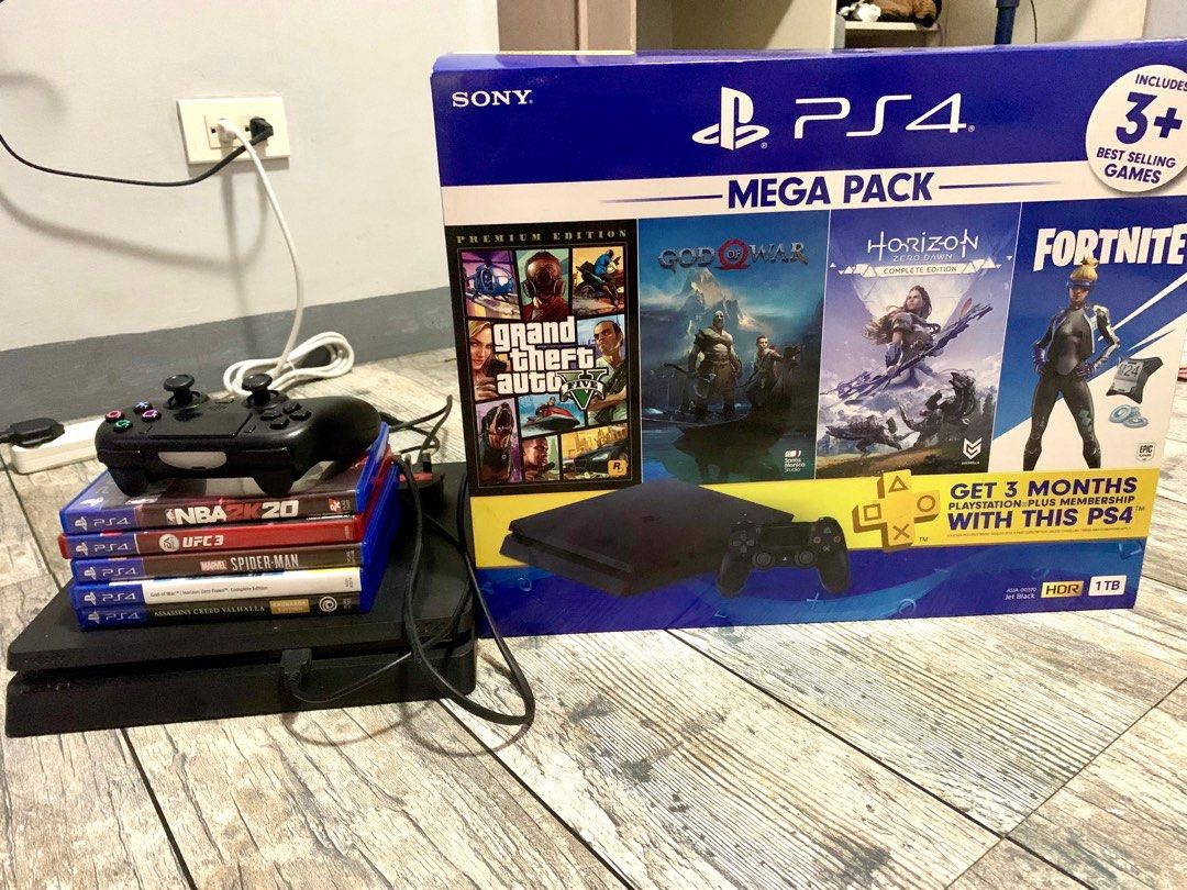 PS4 with games (Category: PlayStation) located in Manila. Submitted by ognatasha (Listing ID 1346233661, Image 1). Description: NEGOTIABLE PS4 1TB Inclusions: Nba 2k20 Ufc 3 Marvel Spider-Man God of War/Horizon Zero Dawn Assassins Creed Valhalla CAN ADD MORE GAMES FOR EASY BUYERS 🙂‍↕️🤝🏻 1 replacement controller (not sony) With type-c charger.