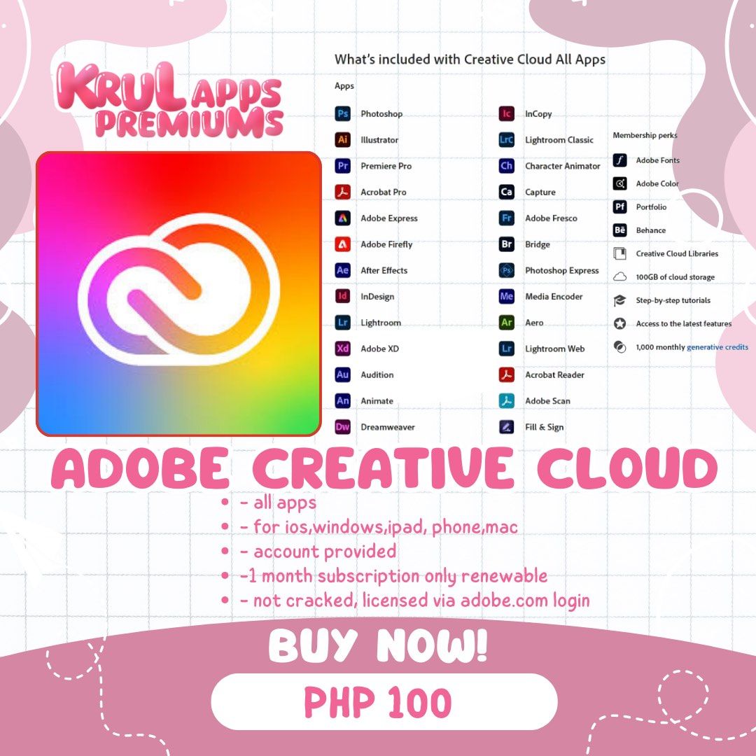 Adobe Creative Cloud (Category: Software) located in Manila. Submitted by krulgamespremiums (Listing ID 1346468031, Image 1). Description: See full picture for details.