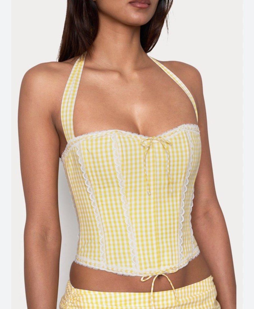 Authentic Guizio Lace Corset Top Gingham Lemon Yellow (Category: Sleeveless) located in Makati City. Submitted by another_wear (Listing ID 1346383792, Image 2). Description: Brand new with tags!! Retails for USD 188 on their website. This is such a steal price already! Back is adjustable due to ties so can fit XS-S frames. .