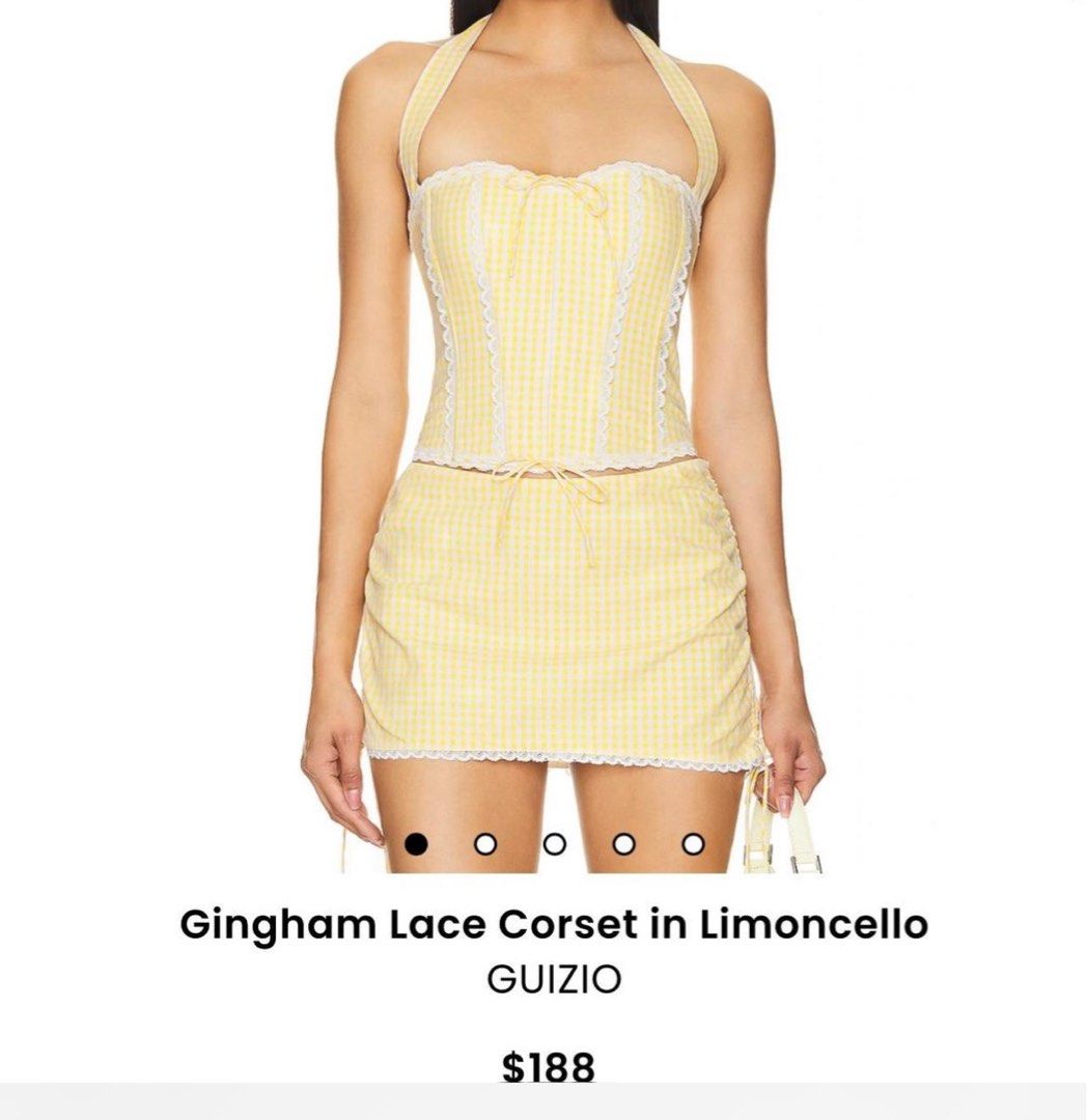 Authentic Guizio Lace Corset Top Gingham Lemon Yellow (Category: Sleeveless) located in Makati City. Submitted by another_wear (Listing ID 1346383792, Image 3). Description: Brand new with tags!! Retails for USD 188 on their website. This is such a steal price already! Back is adjustable due to ties so can fit XS-S frames. .