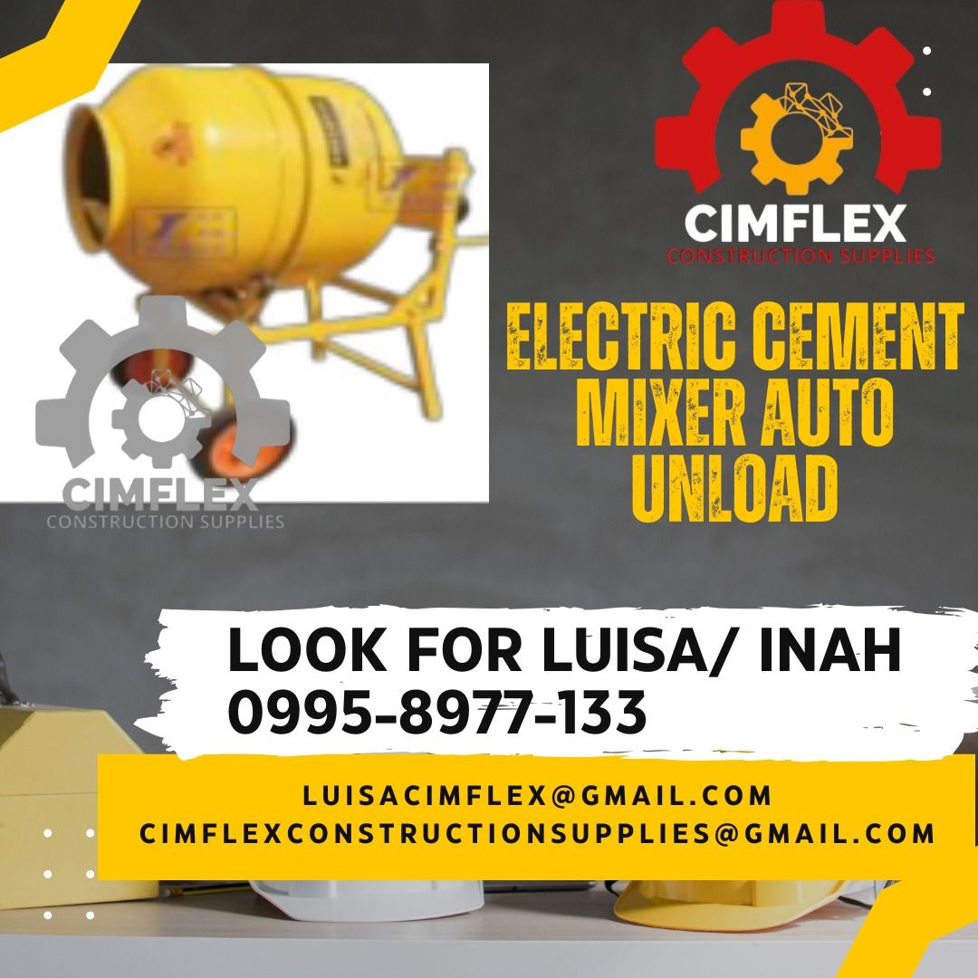electric cement mixer auto unload (Category: Construction Tools & Equipment) located in Caloocan City. Submitted by luisacimfl72432 (Listing ID 1346355626, Image 1). Description: electric cement mixer auto unload glbe- ( 0995-897-7133 ) cimflex construction supplies.
