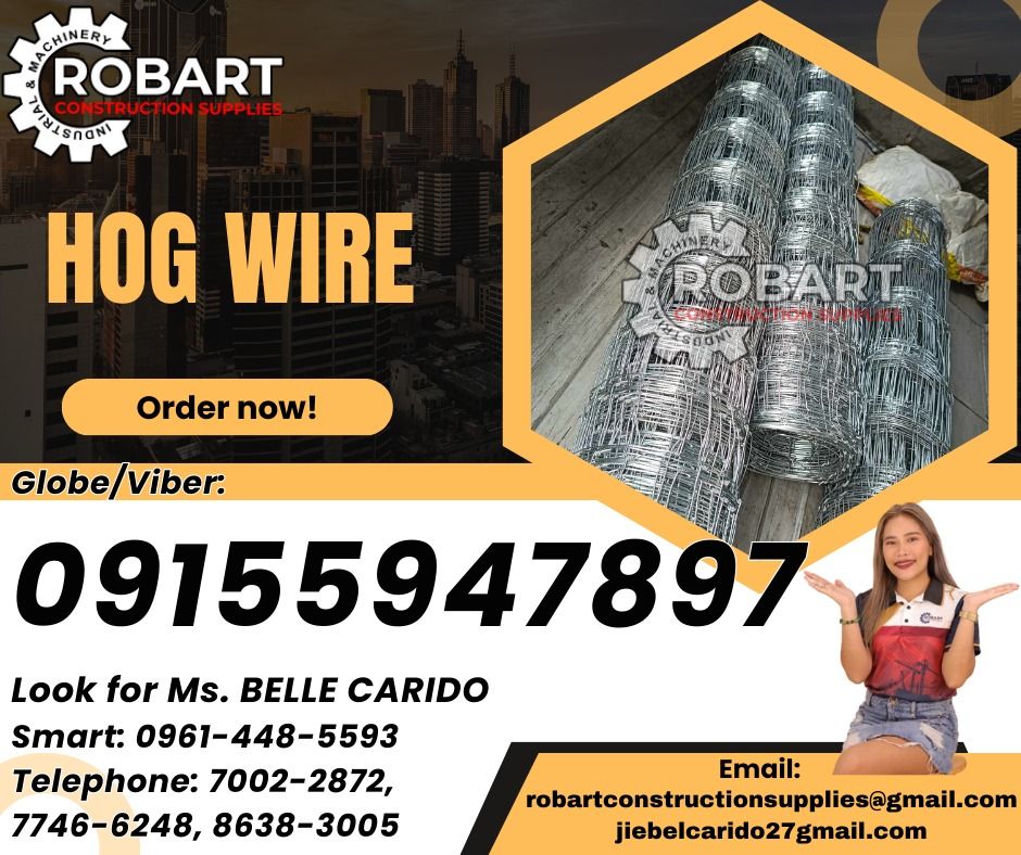Hog Wire (Category: Construction Tools & Equipment) located in Manila. Submitted by bellarobart (Listing ID 1346304383, Image 1). Description: Hog Wire #15 x 40 yards Size: 55 1/2" (10holes) 𝓛𝓞𝓞𝓚 𝓕𝓞𝓡 𝓑𝓔𝓛𝓛𝓔 🔵 100% Trusted Supplier 🔵 Competitive Price 🔵 𝑾𝒆 𝒂𝒓𝒆 𝑫𝑻𝑰 𝑹𝒆𝒈𝒊𝒔𝒕𝒆𝒓𝒆𝒅 & 𝑩𝑰𝑹 𝐀𝐂𝐂𝐑𝐄𝐃𝐈𝐓𝐄𝐃 Products: 🎯 Machinery 🎯 Electrical 🎯 PPE ( Personal Protective Equipment ) 🎯 Valves & Fittings 🎯 Metals ( St