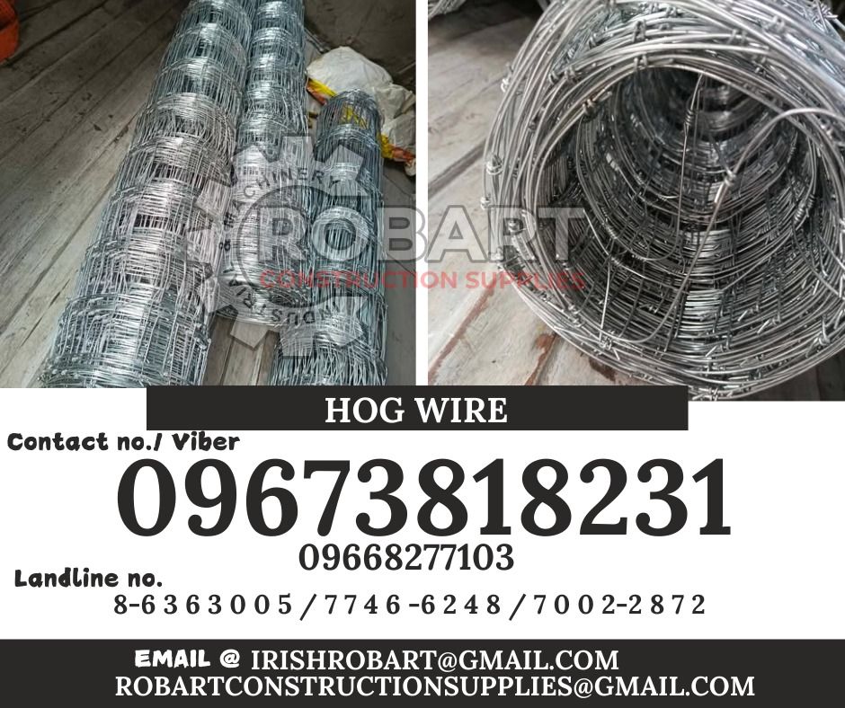 Hog Wire (Category: Construction Tools & Equipment) located in Manila. Submitted by irishrobart_22 (Listing ID 1346320167, Image 1). Description: Hog Wire #15 x 40 yards Size: 55 1/2 (10holes) SEND US MESSAGE FOR INQUIRIES ‼️‼️ LOOK FOR IRISH ROBART VBR : 0 9 6 7 3 8 1 8 2 3 1/ 0 9 6 7 3 8 1 8 2 3 4 LANDLINE 8-6 3 6 3 0 0 5 / 7 7 4 6 -6 2 4 / 7 0 0 2-2 8 7 2 GMAIL: I R I S H R O B A R T @ G M A I L . C O M Office Address: 1405 Yuseco St. Sta Cruz