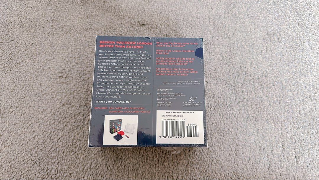 NEW in sealed Box London IQ: The Trivia Game For Londoners (2014) (Category: Board Games & Cards) located in Miranda. Submitted by abbie.corner (Listing ID 1346328154, Image 3). Description: Suitable Age: 14+ Number of Players: 2+ Condition: new in seal Including 200 cards (400 questions), score pad, 4 coloured pencils This one-of-a-kind game offers diehard Londoners the chance to prove their insider status while exploring the city in a whole new