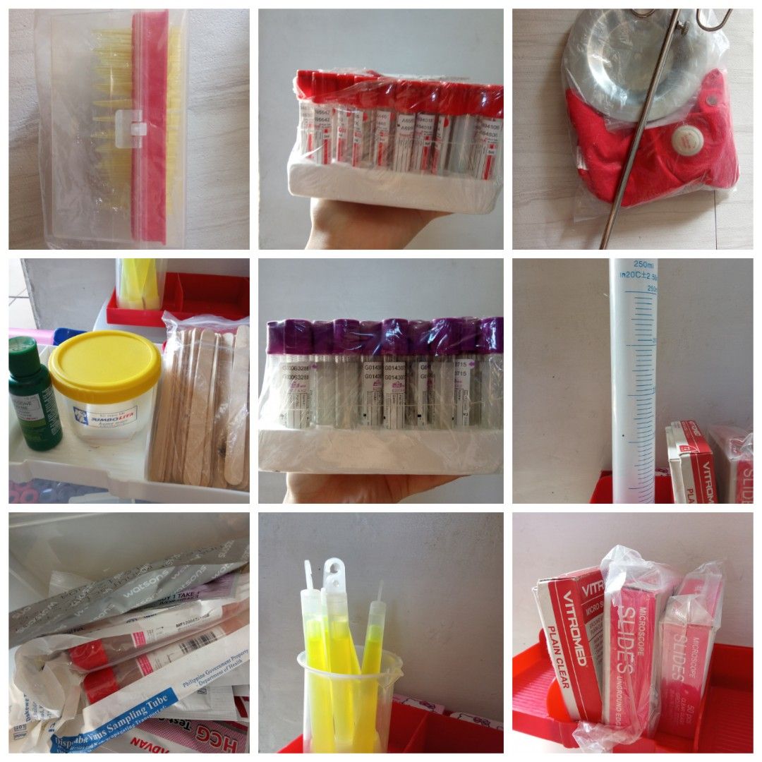Phlebotomy Box / First Aid Kit with assorted contents (Category: Medical Supplies & Tools) located in Marikina City. Submitted by casa_shoppe (Listing ID 1346465945, Image 3). Description: Contents will depend on the availability. Petri Dish Test tube Graduated Cylinder Beaker Vacutainer Syringes Butterfly Pipette Tips Blood Bag stand Heater Weighing Scale Glass slides And many more.