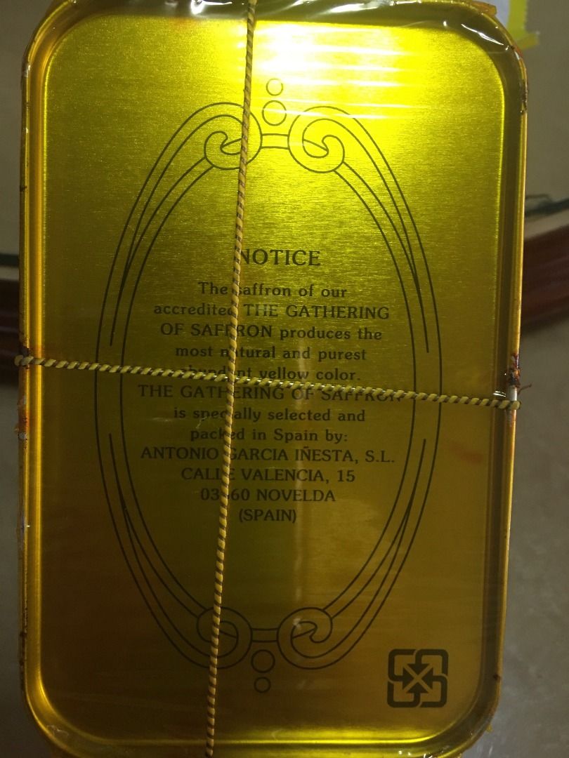 Saffron - The Gathering of Saffron 2oz (Category: Spice & Seasoning) located in San Juan City. Submitted by dquad.dquad (Listing ID 1346356436, Image 2). Description: Saffron - The Gathering of Saffron 2oz Selected and Packed in Spain Genuine Pure Saffron Tin can is still sealed. Note - Best before end of 2020. Saffron doesn't necessarily "spoil" like perishable food. Instead, it may loses its potency, aroma, flavor, and color over time. Php 4,00