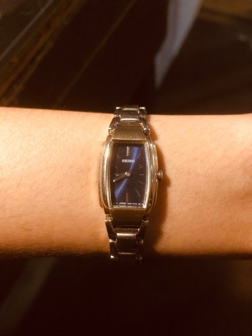Seiko Ladies Watch (Category: Luxury Watches) located in Manila. Submitted by shop.camay (Listing ID 1346431782, Image 2). Description: Seiko - for women - mini tank - cocktail watch - classy/timeless - royal blue dial - silver metal strap (adjustable) - quartz - working - japan movement - hairline scratch on glass (can be replaced) - w/ fresh battery (upon purchase) Notes: - carefully curated - these watches are serviced - some may have some iss