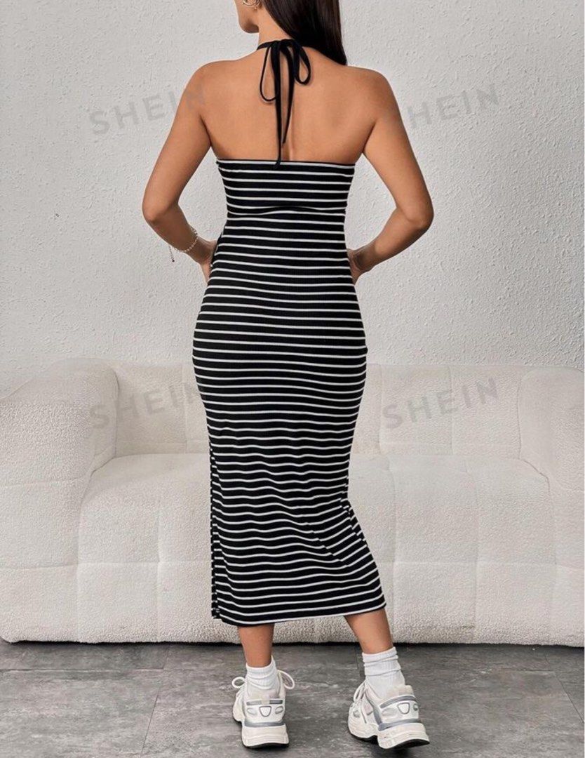 SHEIN Maternity Striped Split Thigh Halter Neck Backless Dress (Category: Dresses) located in Pasig City. Submitted by mariks (Listing ID 1346325634, Image 2). Description: Very good condition Only worn in my 6month being preggo.