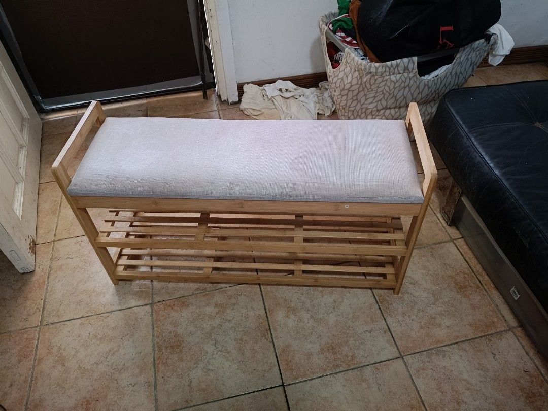 Shoe Rack 2 layers with cushion (Category: Other Home Decor) located in Paranaque City. Submitted by mispelled (Listing ID 1346383585, Image 3). Description: Selling a Shoe Rack dual layers with cushion used but in good condition some minor water stains on the cushion. pick-up in pque..