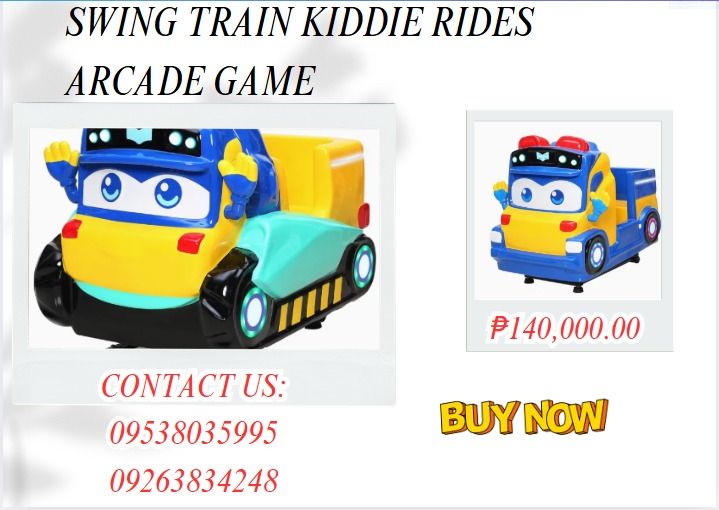 Swing Train Kiddie Rides arcade game (Category: Kids Toys) located in Caloocan City. Submitted by 09051674995 (Listing ID 1346321143, Image 1). Description: 1.Size：130*85*95CM 2.Weight：90kgs".