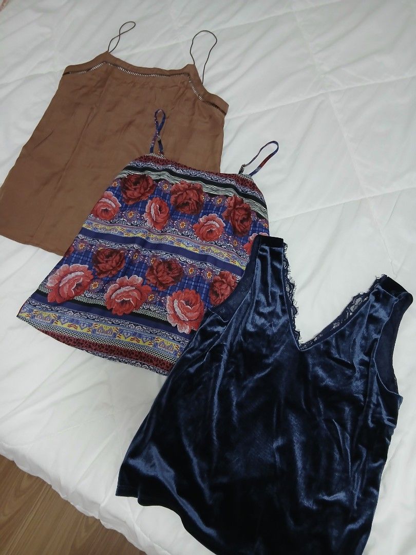 Assorted Cami Tops bundle (Category: Sleeveless) located in Makati City. Submitted by abbydeclutters (Listing ID 1395897756, Image 1). Description: take all cami tops for 500 - brown cami- mango - floral cami- river island - velvet lace navy top - Vera moda.